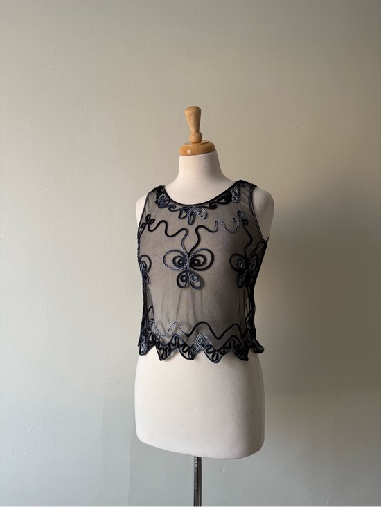 Tops - Vintage Sheer Black Mesh Embroidered Crop Top | Y2K Whimsy Goth
